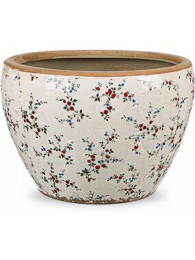 10" Vintage Floral Ceramic Planters - Large Beige Pots with Drainage for